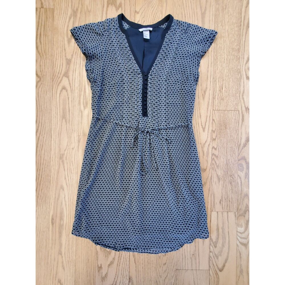 H&M Womens 4 Chiffon Button Tie Dress Black White Pattern EUC